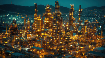 Fototapeta premium A stunning aerial view of a bustling industrial complex at night, showcasing machinery and illuminated structures that highlight modern production and technology