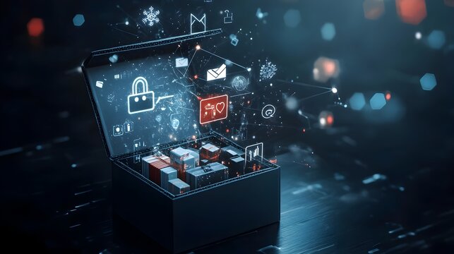 Cyber Monday Gift Box Unveiling Holographic Products and Sale Promotions   Digital Showcasing Surprises and Deals Available for Online Shopping and E commerce Events