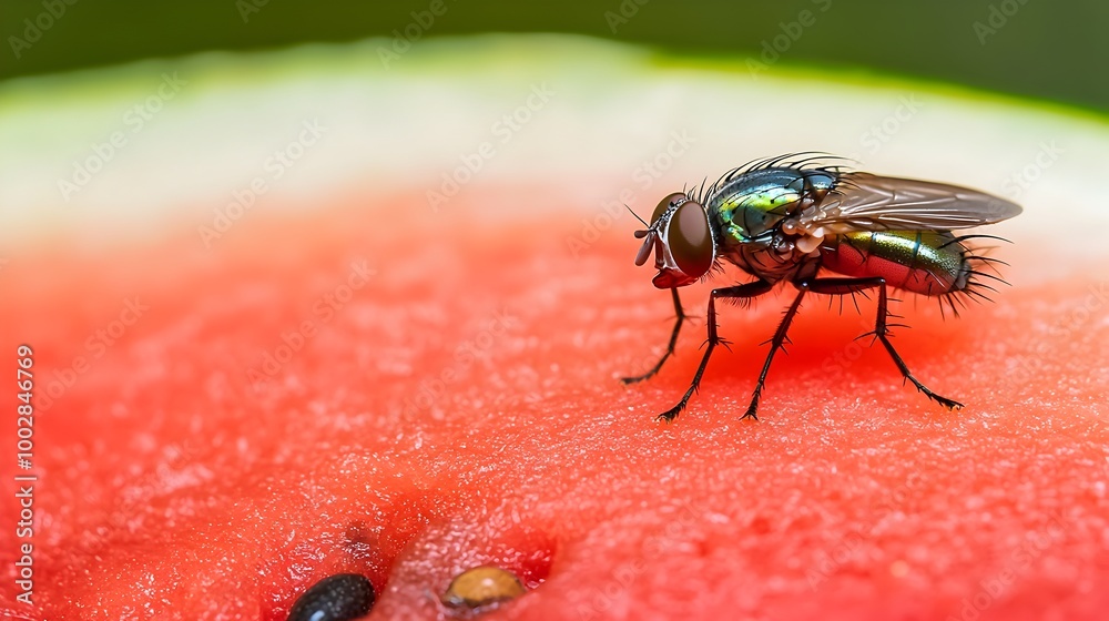 Aufkleber detailed close up shot of a fly resting on the bright red juicy surface of a fresh watermelon slice 