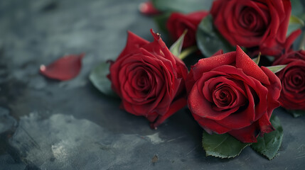 Vibrant red roses lie elegantly on a textured surface, with dewdrops visible on the petals, evoking a sense of romance, beauty, and passion.