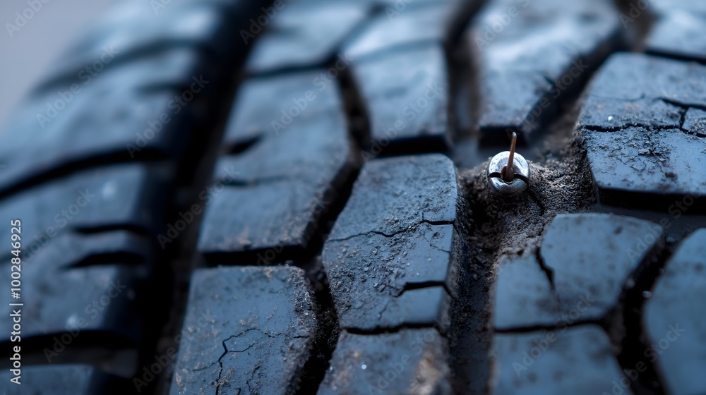 Poster Detailed close up view of the worn and damaged tread of a tire showcasing the rubber texture and pattern with a protruding nail that needs to be repaired before further use