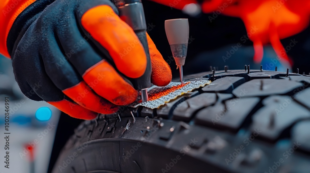 Poster Detailed view of the tire repair process showing the close up application of a tire patch to the inner side of a disassembled tire