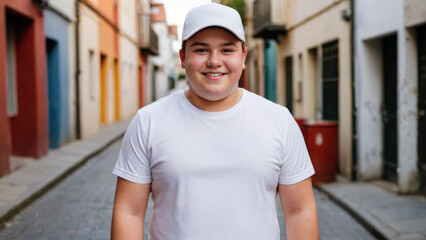 Plus size teenage boy wearing white t-shirt and white baseball cap standing in a city alley