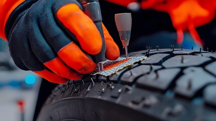 Detailed view of the tire repair process showing the close up application of a tire patch to the inner side of a disassembled tire