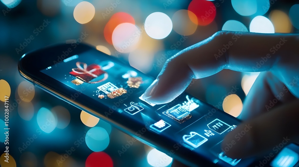 Poster digital hand swiping through a smartphone screen showing a list of sales and deals for cyber monday