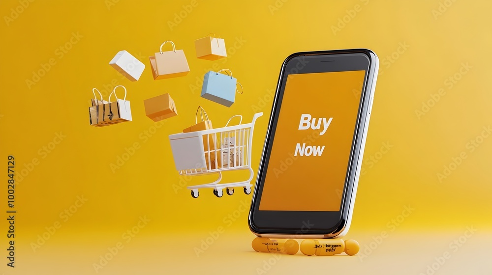 Poster digital representation of a smartphone screen showcasing a prominent buy now button with various pro