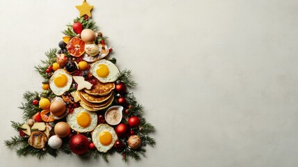 A festive Christmas tree made entirely of breakfast foods, like pancakes and eggs, sits on a light gray background. There's plenty of room around it for adding text or other decorations.
