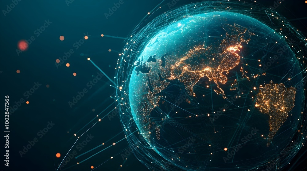 Poster Digitally Rendered Globe Wrapped in a Network of Luminous Lines Symbolizing the Concept of Globalization Worldwide Connectivity and the of International Business