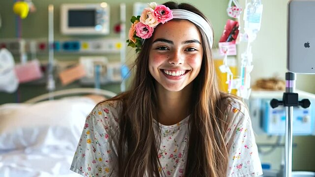 A young woman smiling brightly in a vibrant hospital room, surrounded by flowers, cards, and gifts from loved ones, showcasing her bravery and the support she receives