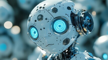 A futuristic robot with blue, fiber optic eyes. This 3D image shows a concept of advanced artificial intelligence.