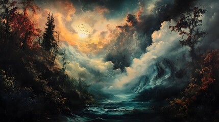 Fototapeta premium Dramatic Stormy Landscape with Moody Clouds and Misty Forest