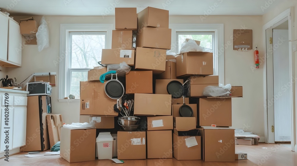 Poster disorganized kitchen scene with a pile of cardboard moving boxes in the center some open to reveal p