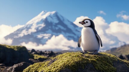 A cute penguin chick standing on a mossy rock with a snow-capped mountain in the background.