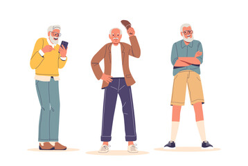 Obraz premium Elderly Men Display Different Emotions And Gestures, Senior Characters Distinctly Dressed, Reflecting Diverse Styles