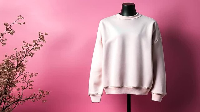 A basic sweatshirt mockup on a mannequin, with a pastel pink background adorned with delicate floral patterns, creating a soft