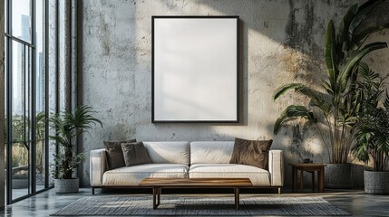 Modern Living Room Mockup with Blank Frame and Cozy Sofa.