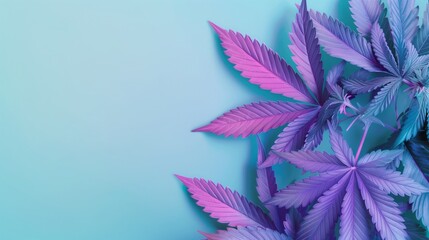 A purple and pink marijuana leaf is on a blue background