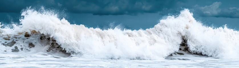 Fototapeta premium Ocean waves violently crashing against a cliffside under a stormy sky, capturing the energy and power of water stormy ocean, water strength