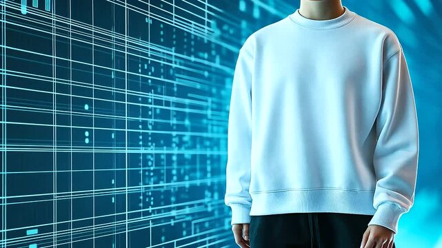 A crisp white sweatshirt mockup displayed on a mannequin, standing against a high-tech digital grid background, symbolizing futuristic fashion