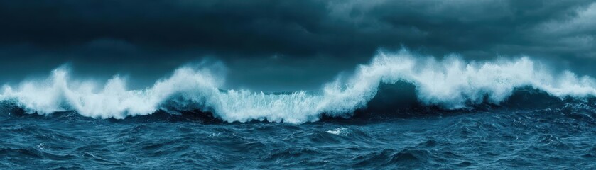Naklejka premium Ocean waves violently crashing against a cliffside under a stormy sky, capturing the energy and power of water stormy ocean, water strength