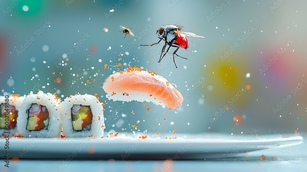 Poster elegant sushi dish with fly delicately hovering above the fresh fish blurred background adding to th