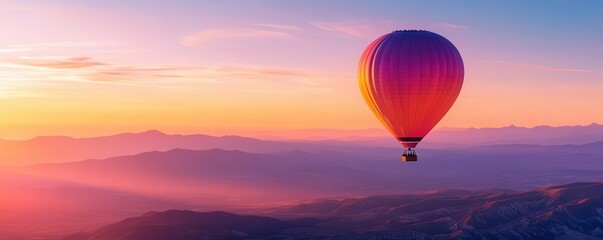 Fototapeta premium Hot air balloon flying over a mountain range at sunset.