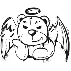 Spray paint graffiti black inky bear with angel wings and halo over head. Street art grafitti of hand drawn character, urban element with ink drips and splatters