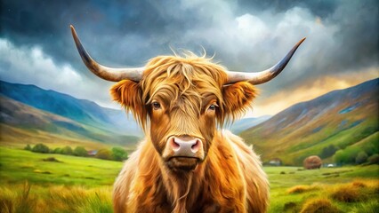 A beautiful aerial view of a highlander cow in Scotland painted in watercolor style