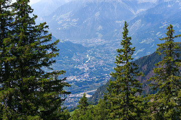 Aerial view of Italian City of Meran with Etsch Valley and Etsch River seen from mountain resort...
