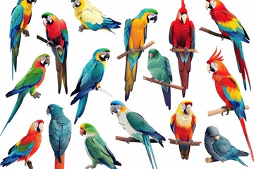 Colorful parrot collection on white background, featuring various species perched on branches Vibrant plumage showcases vivid blues, greens, yellows, and reds