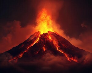 Volcano erupting with magma heat flow depicted, thermodynamics, volcanic heat energy concept