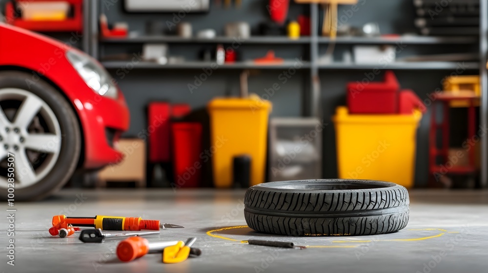 Poster flat tire punctured and circled in chalk in garage setting with tools ready for a quick repair and m