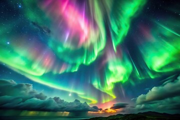 A beautiful background of green clouds and pink aurora lights from a high angle view