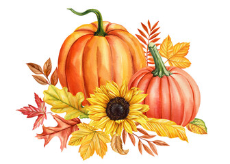 Pumpkins, leaves and sunflowers isolated, watercolor painting fall illustration, Festive holiday decorations clip art