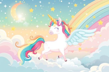 Naklejka premium A unicorn with a rainbow on its back is flying through the sky