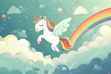 Obraz premium A unicorn with a rainbow on its back is flying through the sky