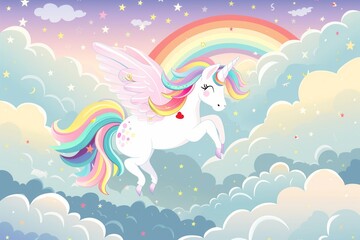 A unicorn with a rainbow on its back is flying through the sky