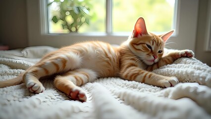 Cozy Cat Stretching on Wool Blanket with Sunlight