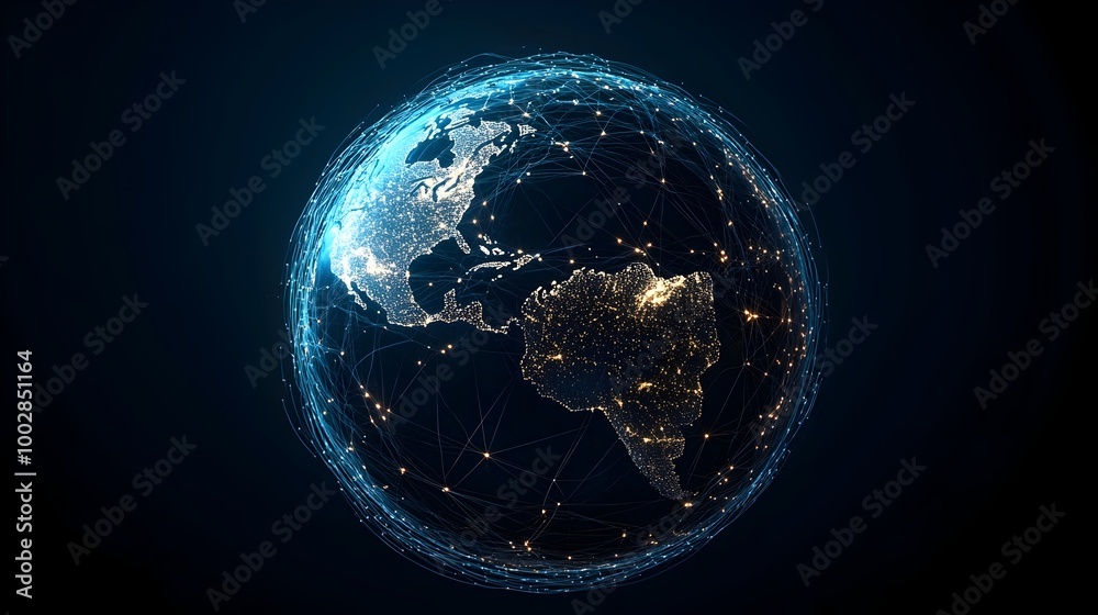 Poster Glowing network of lines wrapped around a globe symbolizing the interconnectedness and global reach of modern international business and digital communication technologies