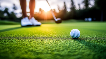Golf player with putter and golf ball on green .