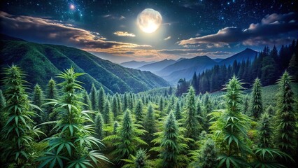 A beautiful wild cannabis field in the mountains under the moonlight at a tilted angle
