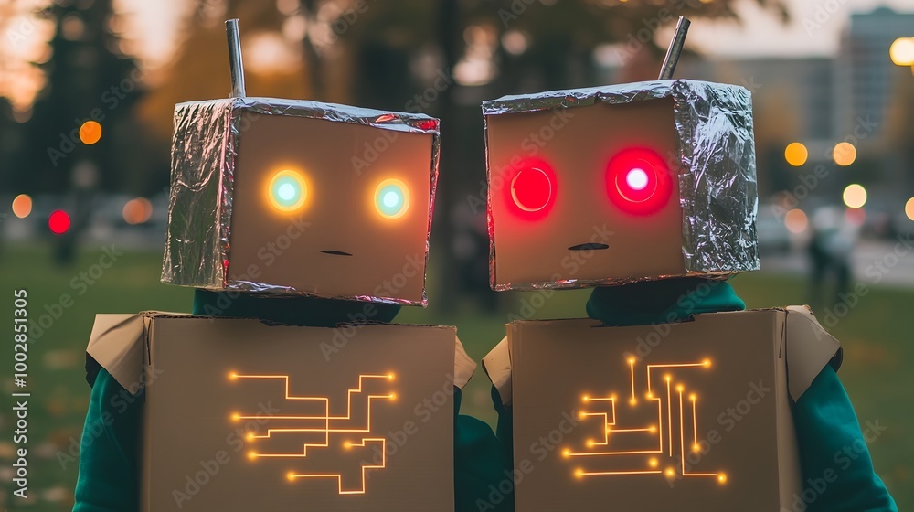 Poster handmade diy robot costume crafted from recycled cardboard boxes and aluminum foil with glowing circ