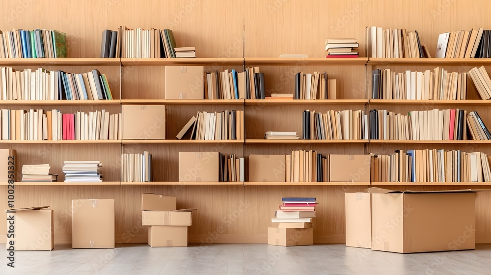 Poster Half Packed Bookshelf with Empty Shelves Books Stacked on the Floor and Boxes Ready to Be Filled   A Workspace in Transition Preparing for Organization and Productivity