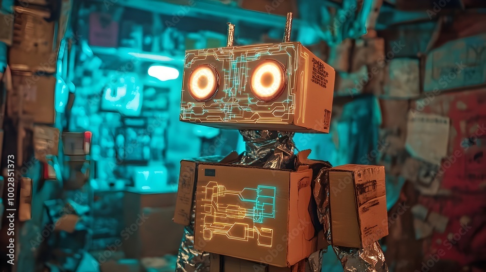 Poster Handmade DIY robot costume created from cardboard boxes and aluminum foil with glowing high tech circuits drawn on the surface to give it a futuristic sci fi inspired look