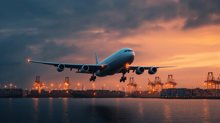 Fototapeta na wymiar Multi-Modal Transport Hub: Transportation business includes cargo ships on the water, containers and trucks on the port. The plane is in the air .