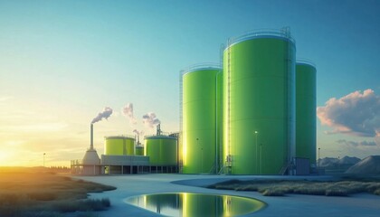 Obraz premium Green Hydrogen Factory Concept Utilizing Storage Tanks For Hydrogen Production. A Sustainable Approach To Creating And Storing Renewable Energy.