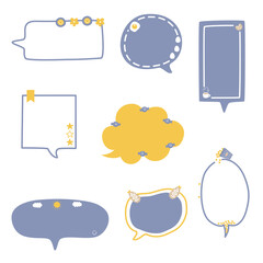 collection set of minimal doodle hand draw speech bubble balloon yellow and blue color, think speak talk text box banner, flat design vector illustration