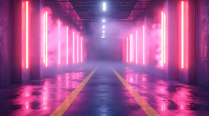 Fototapeta premium Neon Lights in a Foggy Corridor - 3D Illustration