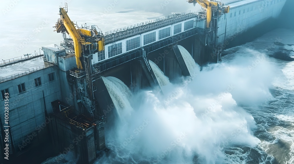 Poster Impressive hydroelectric dam with powerful water flow cascading through large turbines generating renewable and sustainable electricity for the power grid