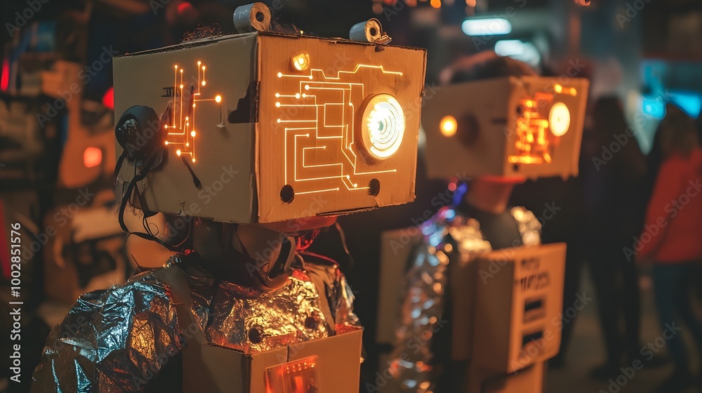 Poster innovative diy robot costume designed with recycled cardboard boxes and aluminum foil featuring glow